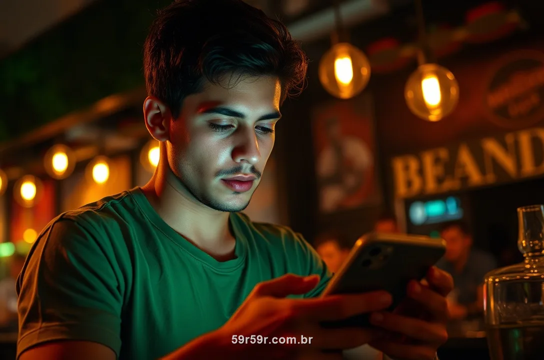 Jovem brasileiro conferindo as odds de futebol no celular num bar à noite
