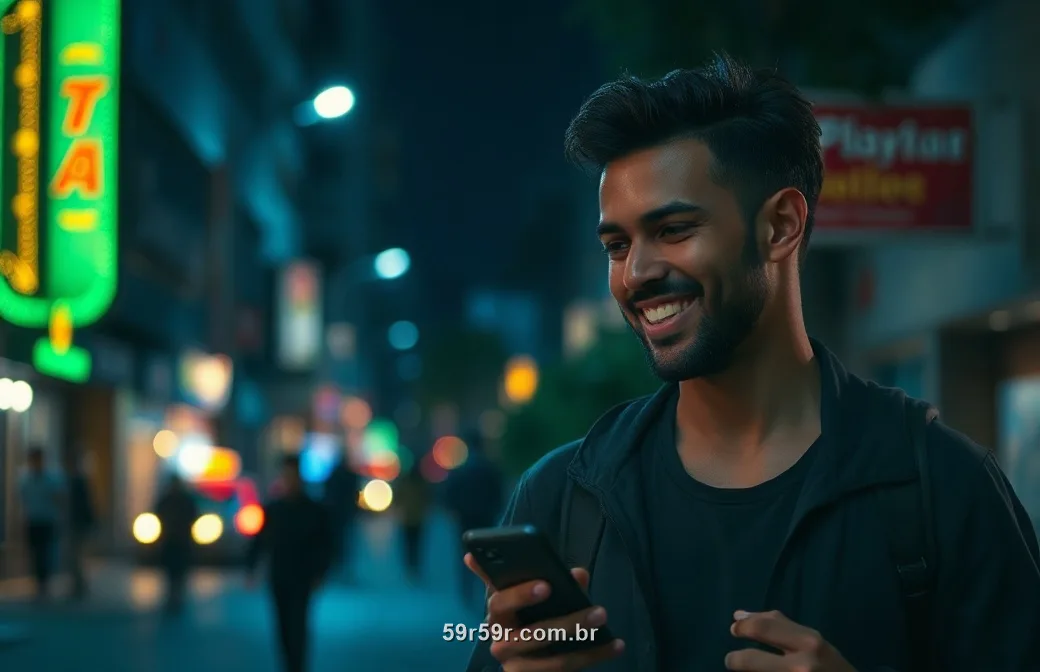 Jovem brasileiro na rua à noite com luzes verdes e douradas olhando o celular