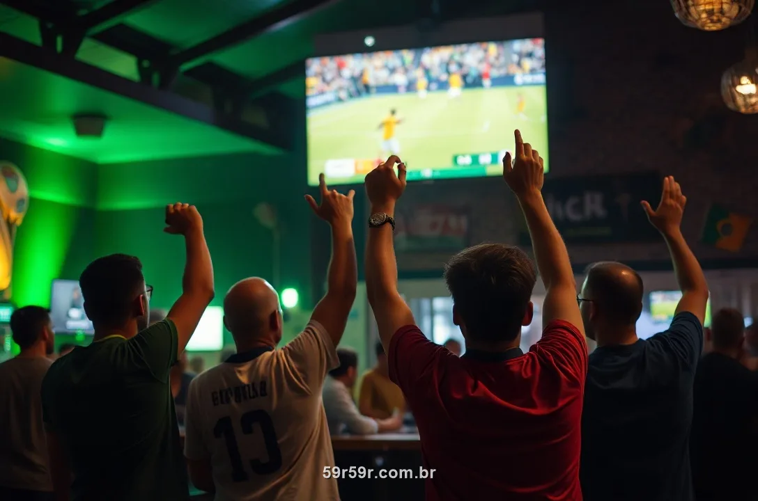 Torcedores brasileiros vibrando com um jogo da Copa num bar à noite