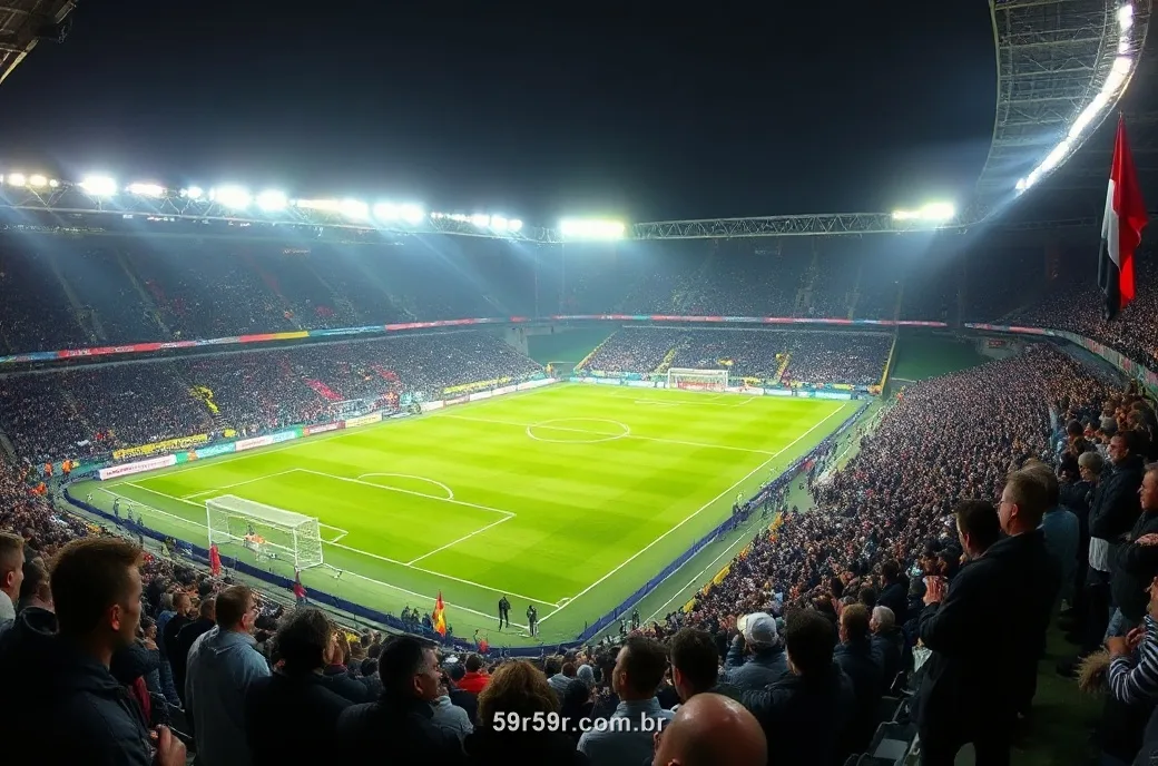Estádio de futebol lotado à noite com refletores e torcida nas arquibancadas