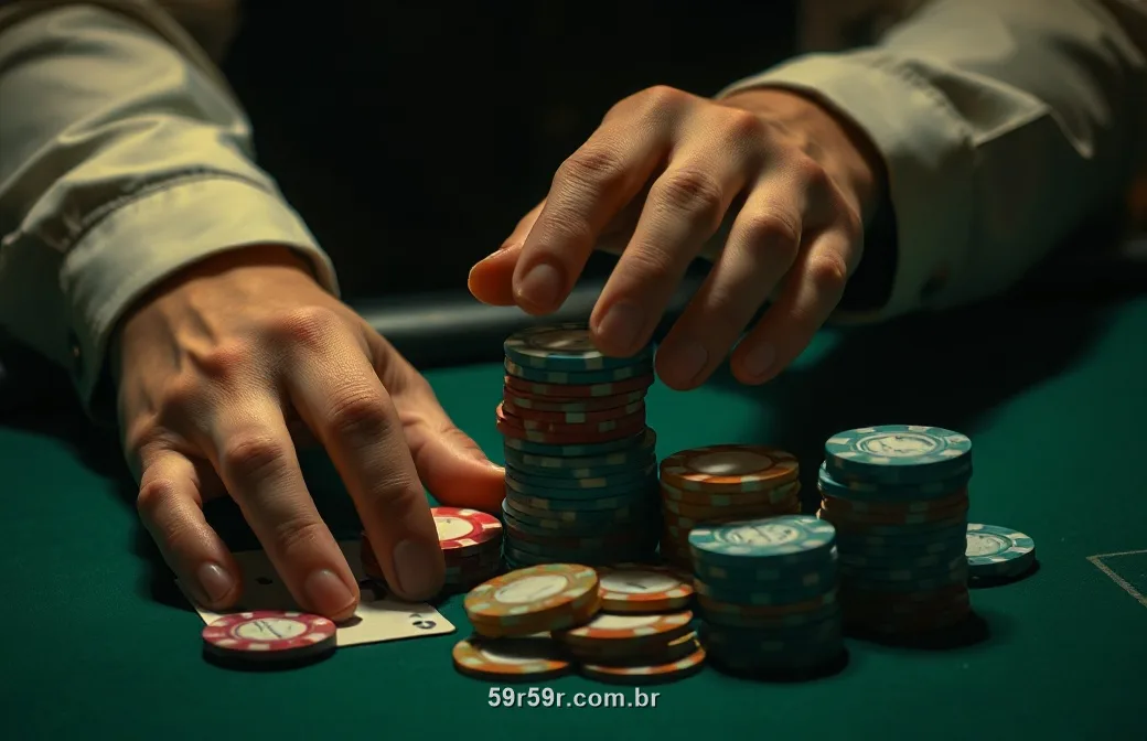 Mãos empilhando fichas e cartas sobre uma mesa de cassino verde
