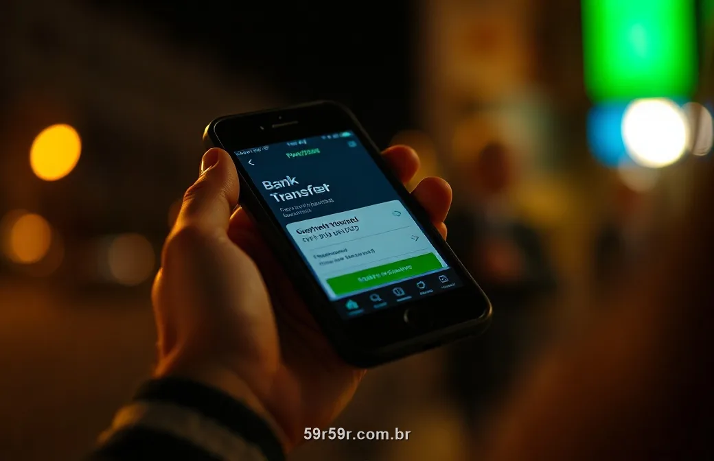 Pessoa confirmando um pagamento por PIX no celular à noite