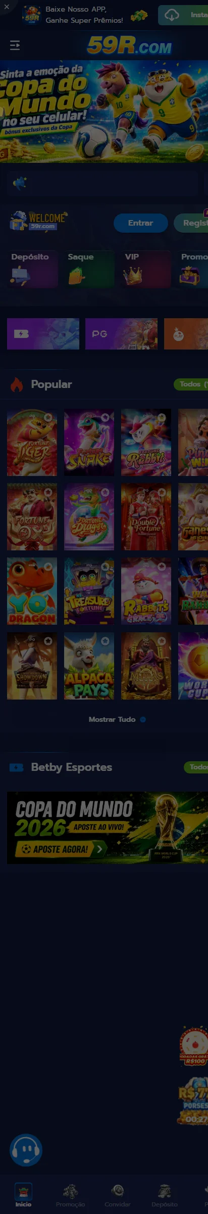 Tela inicial do app oficial 59R.com com os jogos ao vivo
