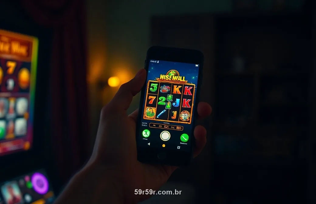 Mão segurando o celular com um caça-níquel colorido sob luz verde à noite